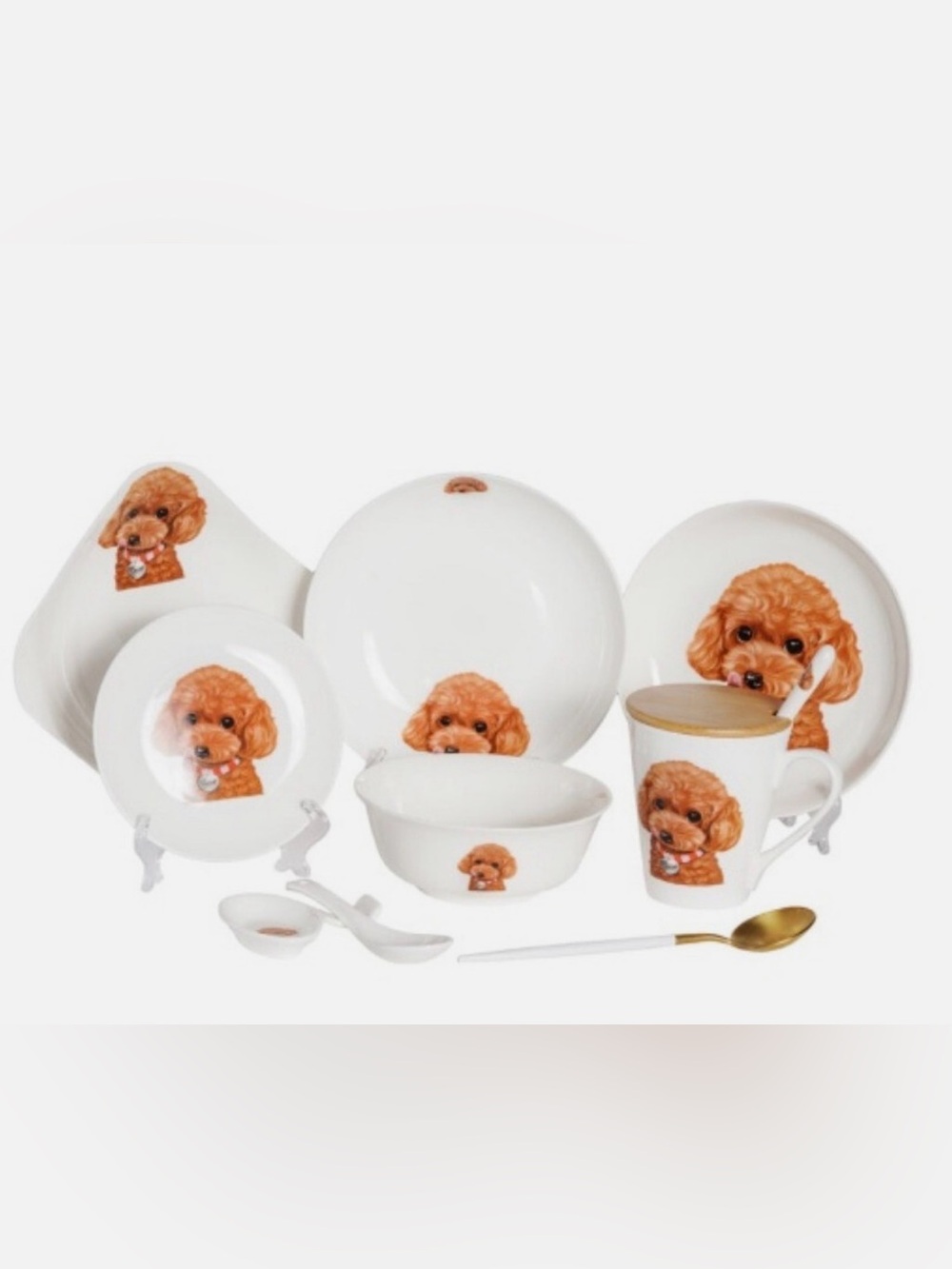 Brown Red Toy Poodle Pet Portrait Porcelain China Dinnerware Set 11Pc